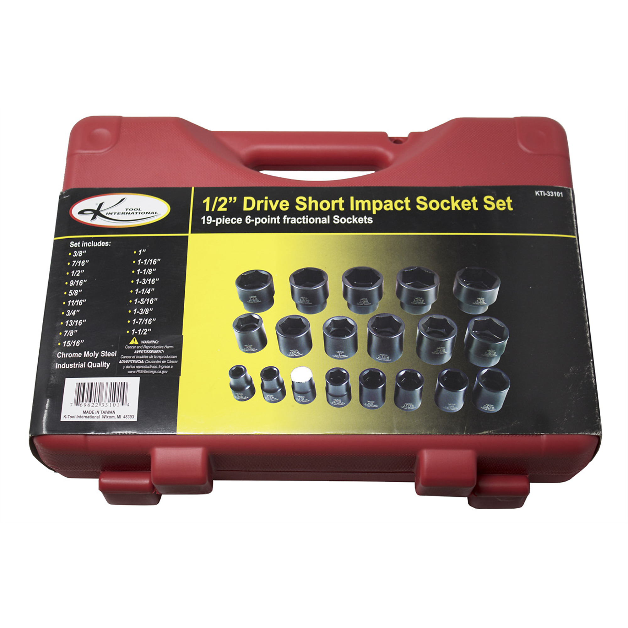 K-Tool International 19-Piece 1/2in. Drive Short Impact Socket Set, Model# KTI33101